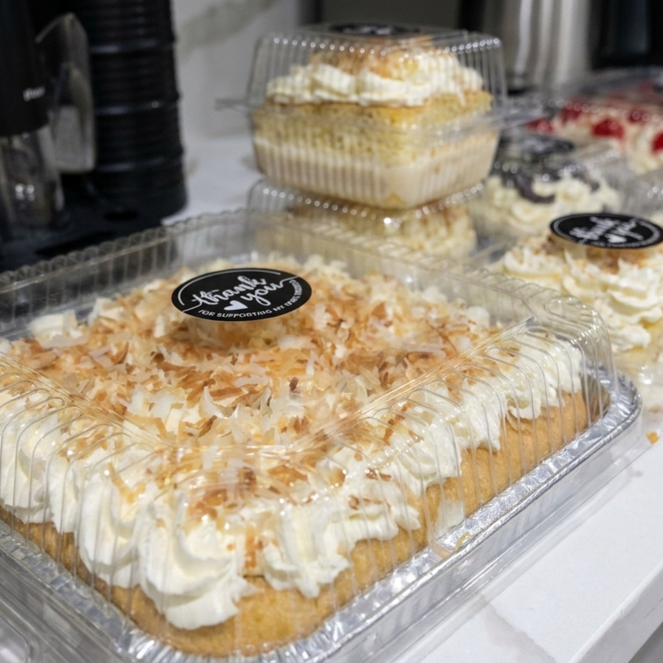 Packaged cream-topped cakes, including coconut and berry varieties, displayed on a café counter beside a coffee machine.