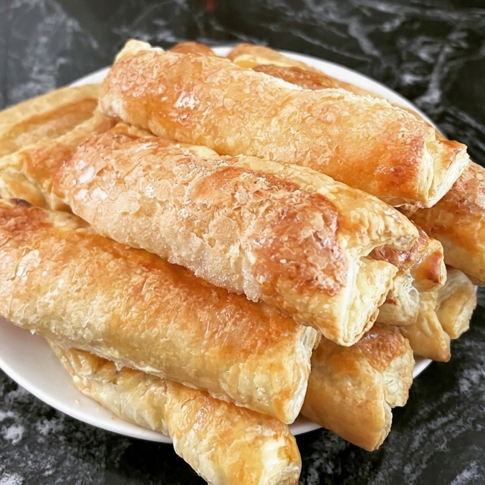 Plate piled with golden-brown flaky pastry rolls on a black marble table.