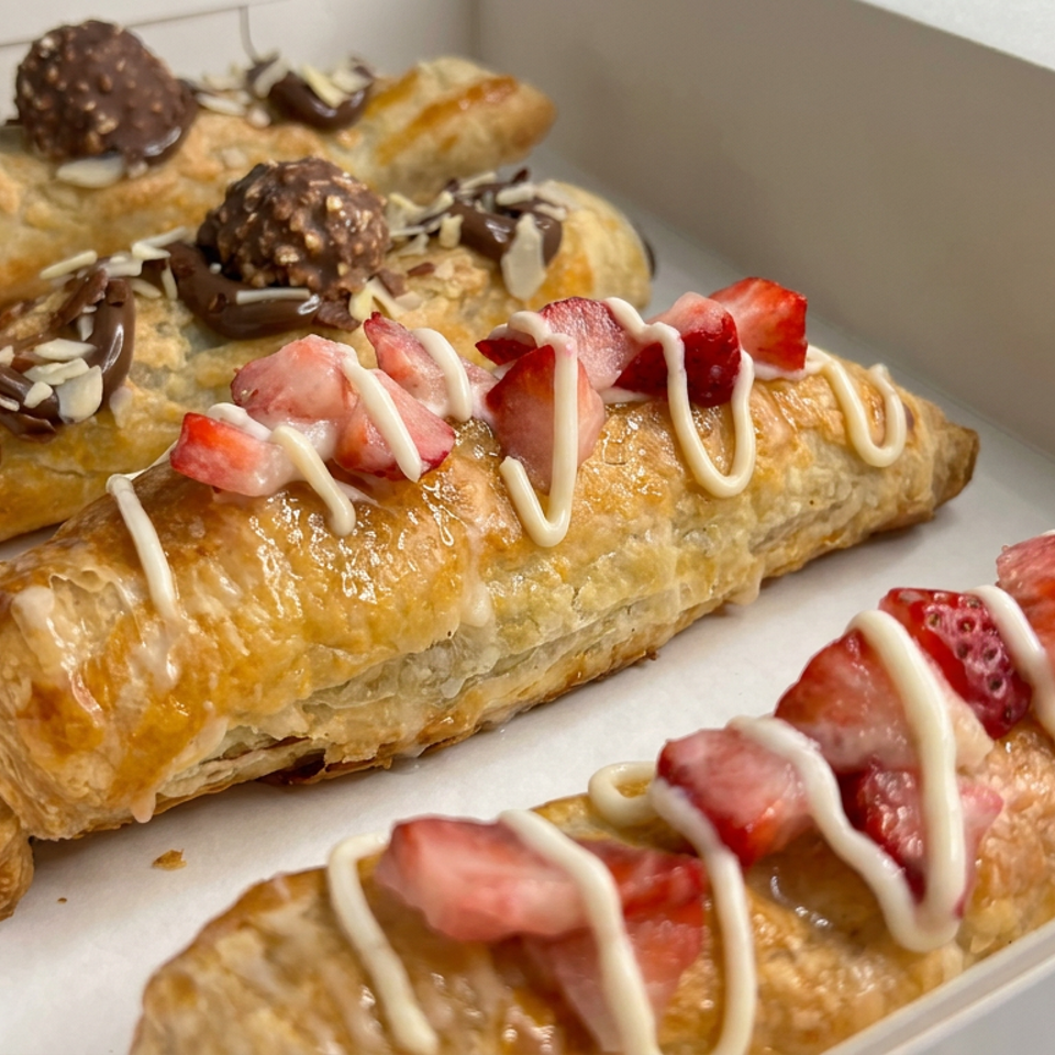 Assorted golden puff pastries in a box, topped with strawberries, white drizzle, chocolate, nuts, and chocolate truffles.